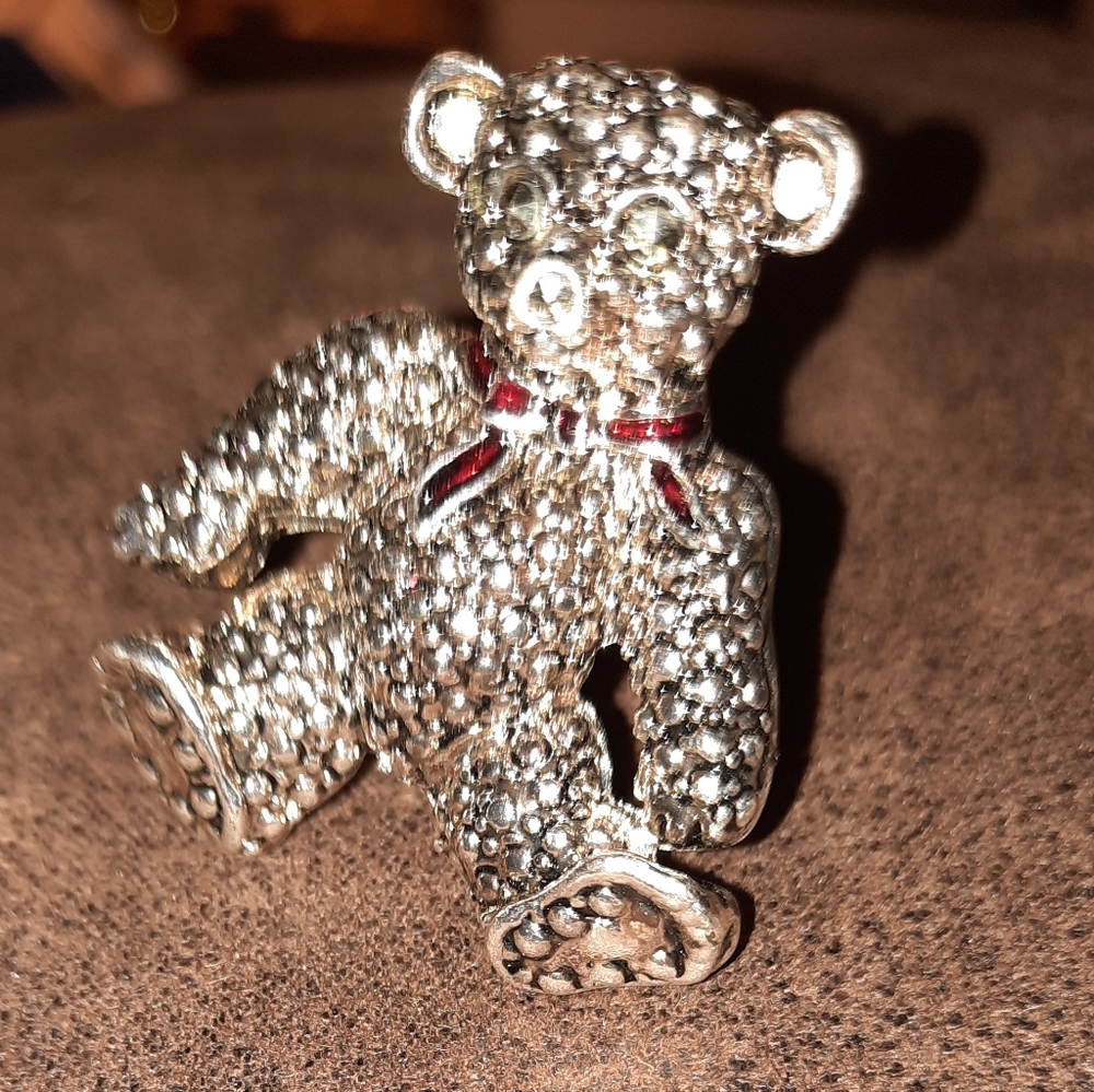 Signed marcasite teddy bear rhinestone brooch silvertone vintage collectible